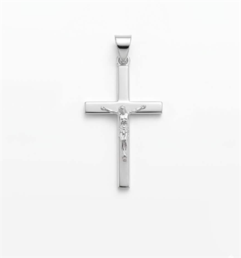 Bredt stolpe kors med Jesus fra BNH i blank sterling sølv, Mellem – 17 x 27 mm
